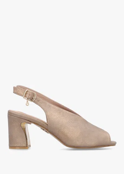 Moda In Pelle Love Taupe Metallic Block Heel Sling Back Sandals In Neutral