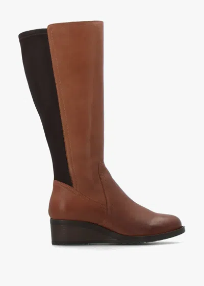 Moda In Pelle Rayna Tan Leather Low Wedge Knee Boots In Animal Print