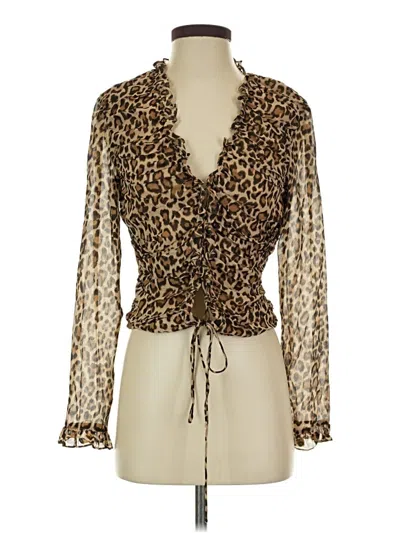 Pre-owned Moda International Long Sleeve Silk Top Brown Animal Print Pattern Plunge Neckline Tops