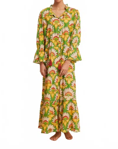 Modaposa Alcee Floral Lilly Fall Resort Maxi Dress In Green /white In Brown
