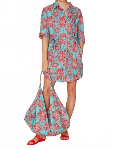 Modaposa Carlotta Belted Embellished Shirt Dress In Turquoise In Multi