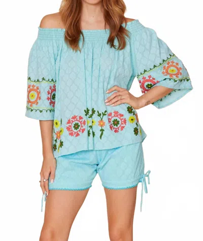 Modaposa Enrica Off The Shoulder Embroidered Floral Top In Aqua Blue