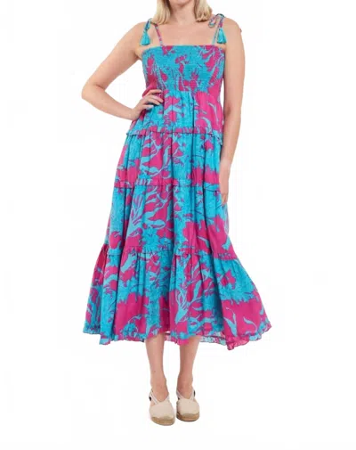 Modaposa Smocked Top Sundress In Turquoise Blue/fuchsia Pink In Multi