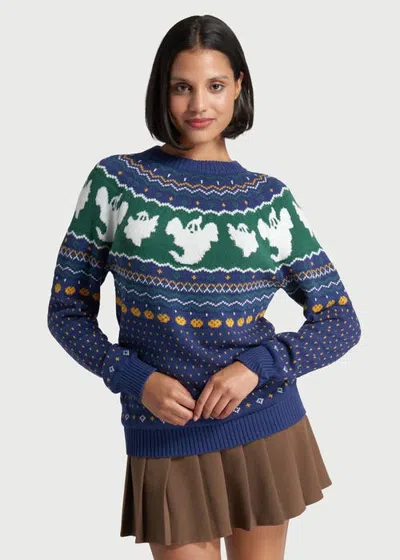 Modcloth Happy Hauntings Fair Isle Halloween Sweater In Blue Ghost