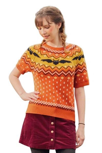 Modcloth It Be Like 'bat' Fair Isle Short Sleeve Sweater In Orange Bat