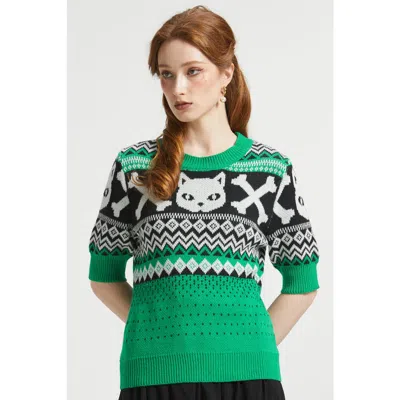 Modcloth Midnight Familiar Fair Isle Halloween Cat Sweater In Nine Lives