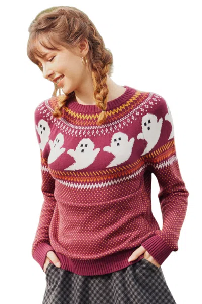 Modcloth You've Been Ghosted Fair Isle Halloween Sweater In Red Ghost