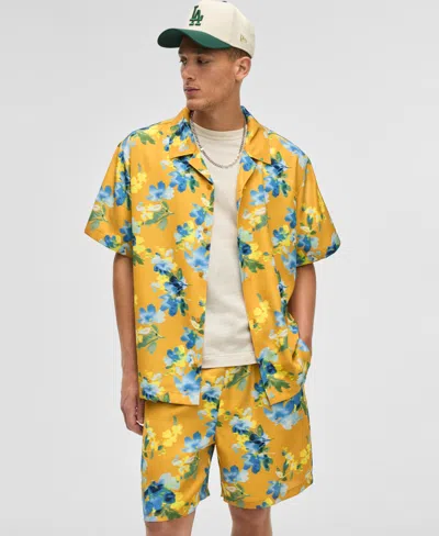 Mode Of One Men's Blurred Floral Relaxed-fit Shiny Twill Camp Shirt, Exclusively At Macy's In Golden Sun