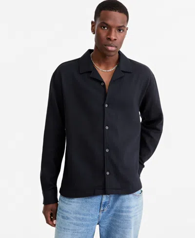 Mode Of One Men's Boxy Camp-collar Long-sleeve Flannel Shirt, Macy's Exclusive In Deep Black