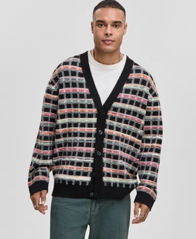 Mode Of One Men's Boxy-fit Plaid V-neck Cardigan, Macy's Exclusive In Black