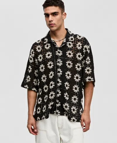 Mode Of One Men's Boxy-fit Short-sleeve Crochet Shirt, Macy's Exclusive In Black