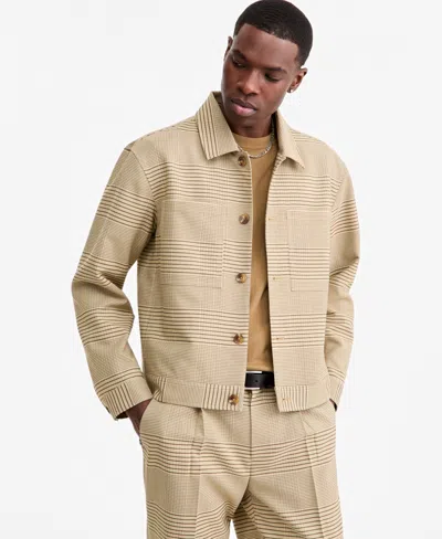 Mode Of One Men's Glen Plaid Relaxed-fit Stretch Overshirt, Macy's Exclusive In Neutral