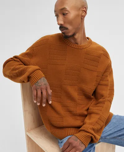 Mode Of One Men's Long-sleeve Relaxed-fit Textured Check Sweater, Created For Macy's In French Vicuna