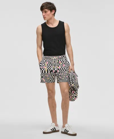 Mode Of One Men's Mixed Check Regular-fit Printed Swim Trunks, Exclusively At Macy's In Deep Black