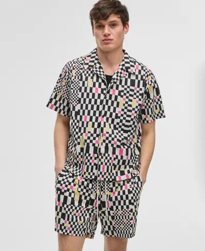 Mode Of One Men's Mixed Check Relaxed-fit Printed Button-down Camp Shirt, Exclusively At Macy's In Deep Black