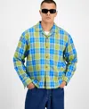 Mode Of One Men's Relaxed-fit Camp-collar Plaid Flannel Shirt, Macy's Exclusive In Blue