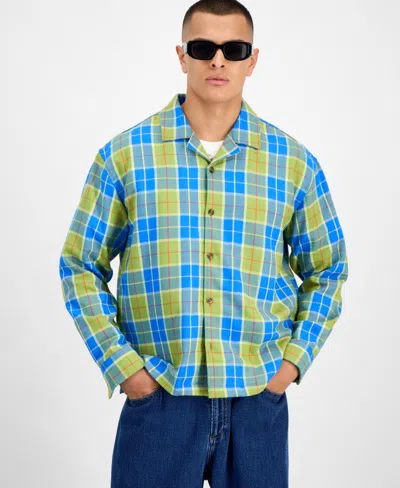 Mode Of One Men's Relaxed-fit Camp-collar Plaid Flannel Shirt, Macy's Exclusive In Blue