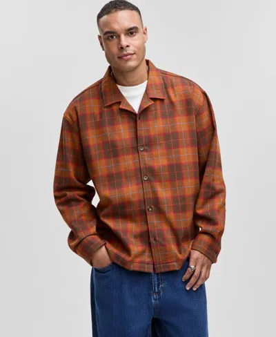 Mode Of One Men's Relaxed-fit Camp-collar Plaid Flannel Shirt, Macy's Exclusive In Orange
