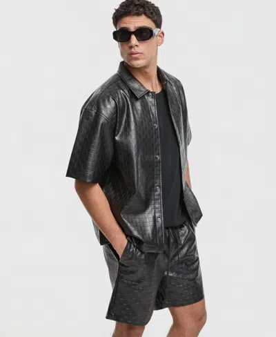 Mode Of One Men's Relaxed-fit Checkerboard Pleather Short-sleeve Shirt, Macy's Exclusive In Black