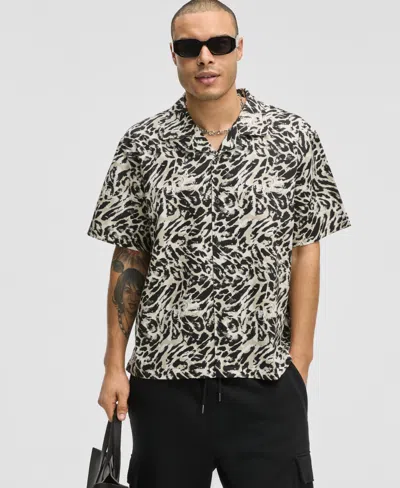 Mode Of One Men's Relaxed-fit Leopard-print Button-down Camp Shirt, Exclusively At Macy's In Deep Black