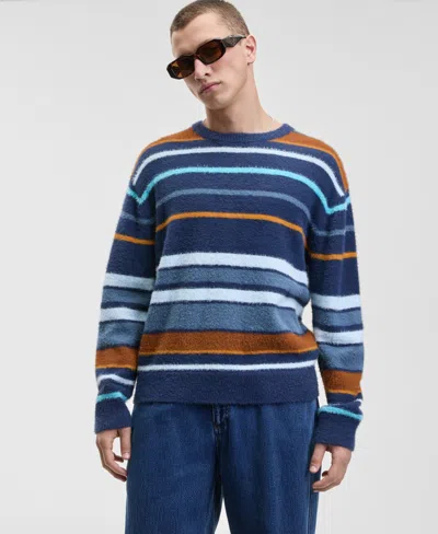 Mode Of One Men's Relaxed Fit Long Sleeve Fuzzy Striped Crewneck Sweater, Macy's Exclusive In Blue