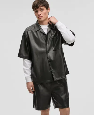 Mode Of One Men's Relaxed-fit Perforated Faux-leather Camp Shirt, Exclusively At Macy's In Deep Black