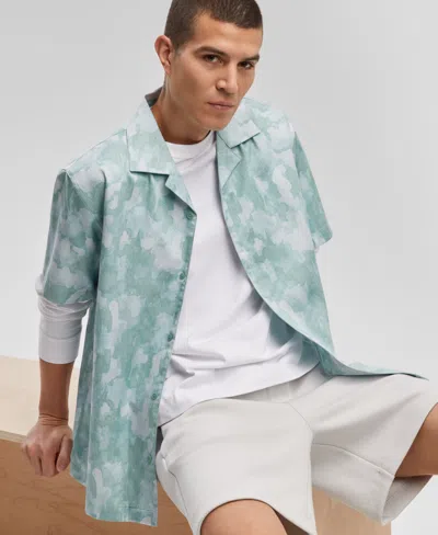 Mode Of One Men's Relaxed-fit Printed Button-down Camp Shirt, Created For Macy's In Blue Fin