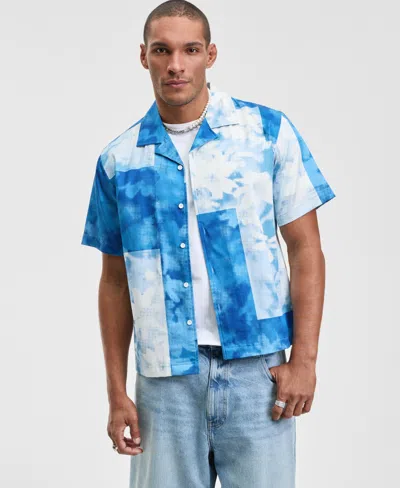 Mode Of One Men's Relaxed Fit Short Sleeve Pointillism Print Button-front Camp Shirt, Macy's Exclusive In Blue