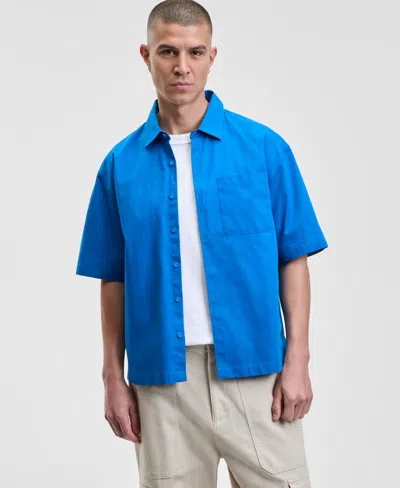 Mode Of One Men's Relaxed Fit Short Sleeve Ripstop Button-front Shirt, Macy's Exclusive In Blue
