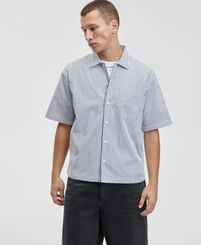 Mode Of One Men's Relaxed Fit Short Sleeve Striped Embroidered Button-front Shirt, Macy's Exclusive In White