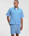 Mode Of One Men's Relaxed Fit Short Sleeve Yarn-dyed Geo Button-front Shirt, Macy's Exclusive In Blue
