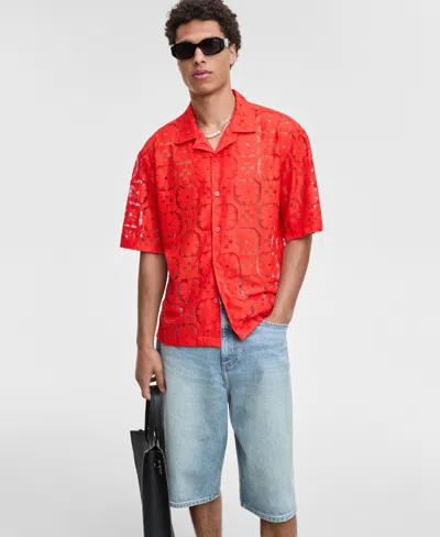 Mode Of One Men's Relaxed-fit Textured Geometric Lace Button-down Camp Shirt, Exclusively At Macy's