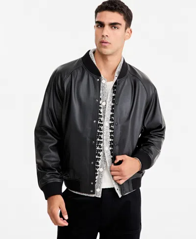 Mode Of One Men's Relaxed-fit Ribbed Leather Bomber Jacket, Macy's Exclusive In Brown