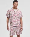 Mode Of One Men's Squared Up Relaxed-fit Geo-print Button-down Shiny Twill Camp Shirt, Exclusively At Macy's In Soft Vanilla