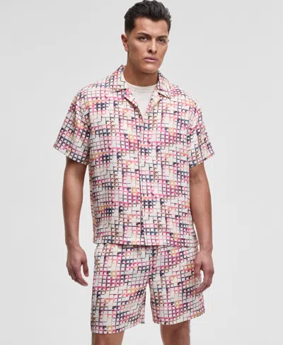 Mode Of One Men's Squared Up Relaxed-fit Geo-print Button-down Shiny Twill Camp Shirt, Exclusively At Macy's In Soft Vanilla