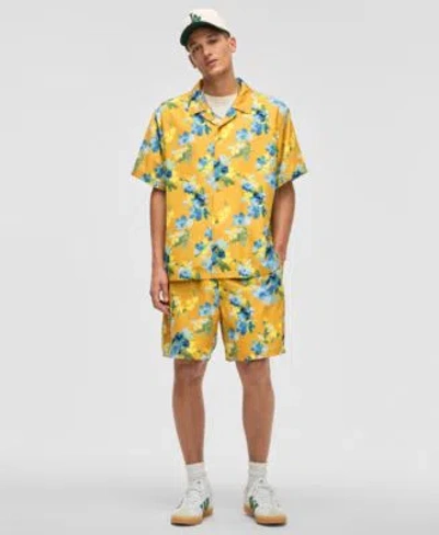 Mode Of One Mens Blurred Floral Relaxed Fit Shiny Twill Camp Shirt Relaxed Fit 6 1 2 Shiny Twill Shorts Exclusiv In Golden Sun