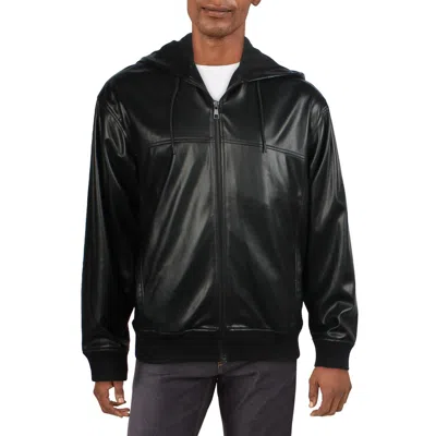 Mode Of One Mens Ribbed Trim Faux Leather Hoodie