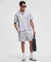 Mode Of One Mens Woodgrain Relaxed Fit Printed Button Down Shiny Twill Camp Shirt Relaxed Fit Printed 6 1 2 Shin In Bright White