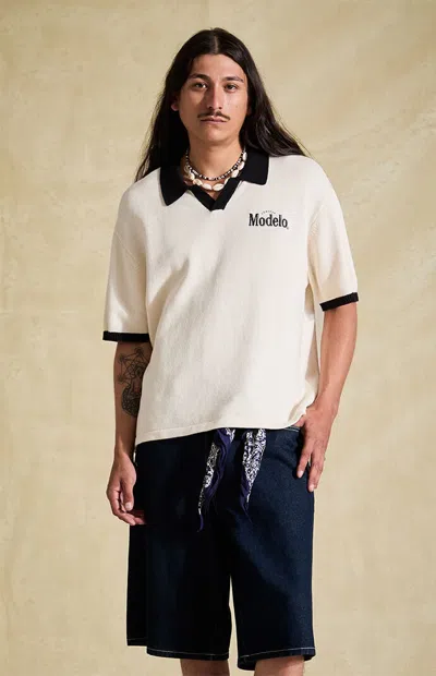 Modelo Men's Relaxed Knit Logo Polo Shirt In Cream In White