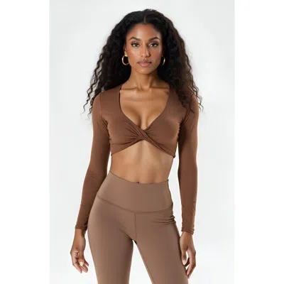 Modenaire Active Long Sleeve Twist Front Crop Top In Brown