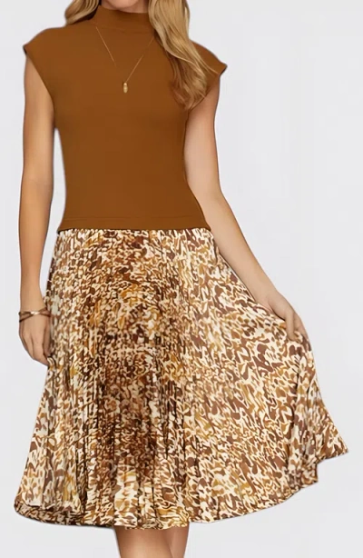 Modenaire Animal Print Pleated Midi Dress In Brown