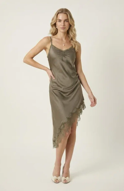 Modenaire Asymmetric Satin Slip Dress With Lace Trim In Green