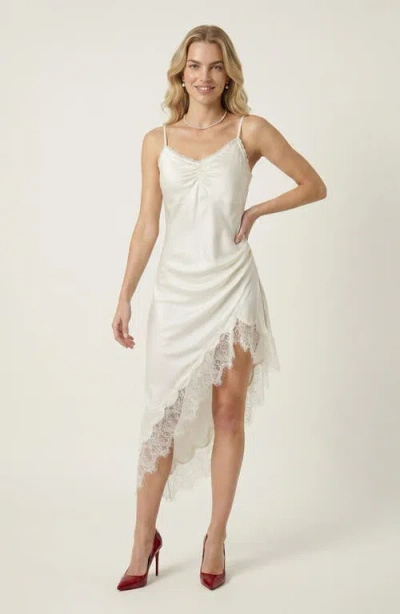 Modenaire Asymmetric Satin Slip Dress With Lace Trim In White
