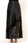 Modenaire Asymmetrical Satin Midi Skirt With Sheer Lace Hem And Fitted Waist In Black