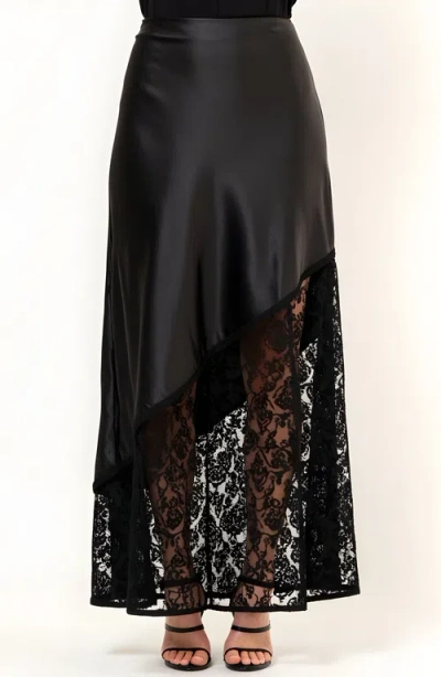 Modenaire Asymmetrical Satin Midi Skirt With Sheer Lace Hem And Fitted Waist In Black
