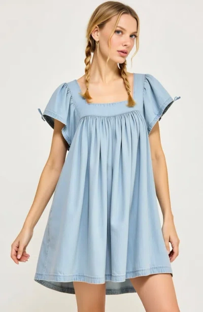 Modenaire Babydoll Dress With Square Neck And Flutter Sleeves In Blue