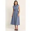 Modenaire Belted A-line Midi Dress With Shoulder Buttons And Pockets In Blue