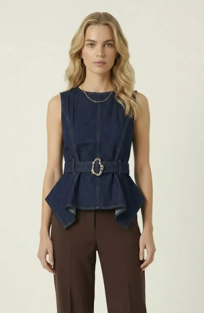 Modenaire Belted Denim Peplum Top In Blue