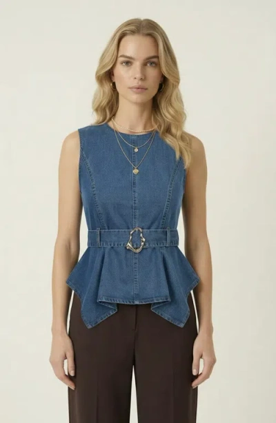 Modenaire Belted Denim Peplum Top In Blue
