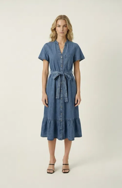 Modenaire Belted Denim Ruffle Hem Dress In Blue